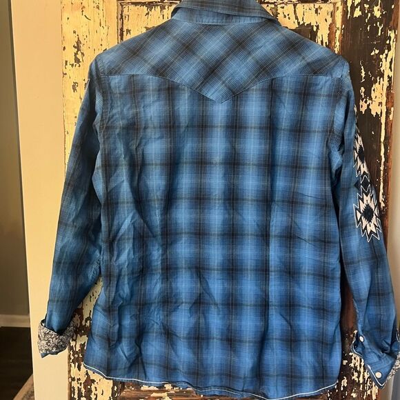 Panhandle Rough Stock Cotton size L Blue Plaid Western Shirt. Pearl snap. - Picture 2 of 12